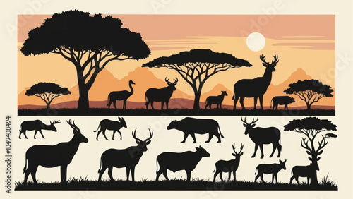 Collection of African Wildlife Silhouettes in Savannah Landscape.