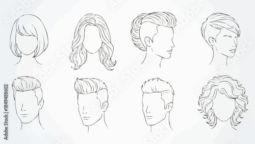 Collection of Diverse Hairstyles for Men and Women Hand Drawn Sketches.