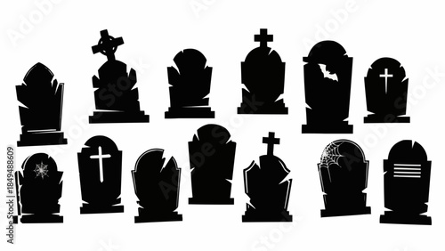 Collection of Silhouetted Gravestones and Tombstones.