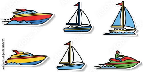 Various Boats Collection Speedboat, Sailboat, Jet Ski Cartoon Set