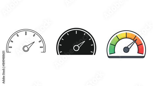 Set of three speedometers or gauges icons showing performance measurement
