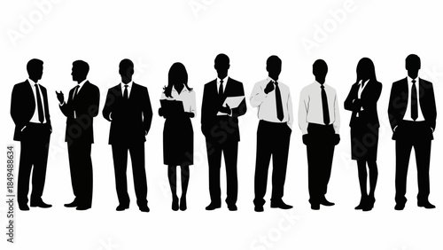 Diverse group of business professionals standing together in silhouette.