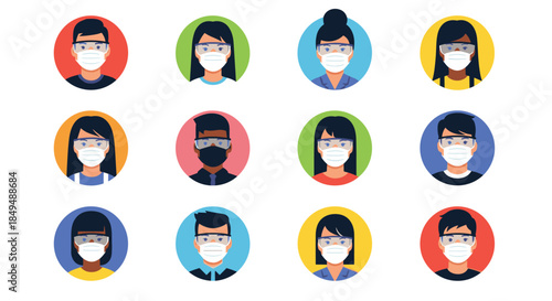 A diverse collection of people avatars wearing medical face masks and protective safety glasses for virus prevention.