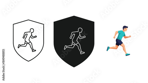 Set of running man icons and illustration in shield shape, fitness and sport concept