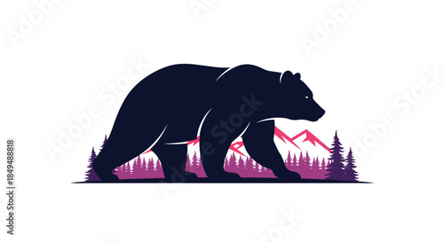 Artistic illustration of a strong, dark bear walking past a range of mountains and evergreen trees in striking purple and pink tones.