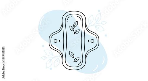 Eco-friendly reusable cloth menstrual pad illustration with natural leaf design, set against a soft blue and white background.