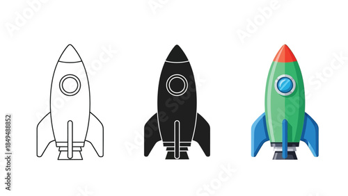 Set of three rocket ship icons outline, silhouette and colored illustration