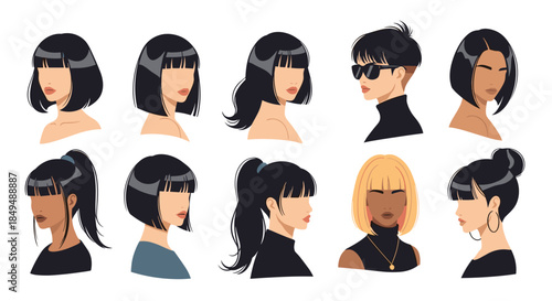 A collection of stylish women's portraits showcasing a variety of modern haircuts and hairstyles with black and blonde hair.