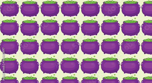 Seamless pattern of purple cauldrons with bubbling green potion, ideal for Halloween, magic, or witchcraft-themed designs.
