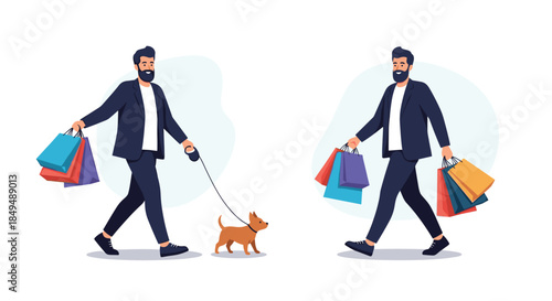 A stylish man with a beard is shown in two poses, happily walking with shopping bags and walking his small dog on a leash.