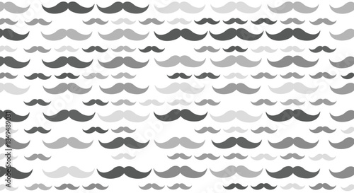 A seamless pattern of various mustaches in different shades of gray and black on a white background, creating a whimsical and retro design.