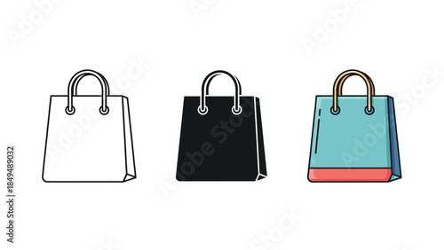 Set of three shopping bags icons outline, solid black and colored, vector illustration