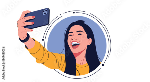 A cheerful young woman with braces laughs as she takes a selfie with her smartphone, framed in a decorative circle.