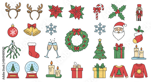 A comprehensive collection of charming Christmas and winter holiday decorative elements, perfect for festive designs and seasonal cheer.