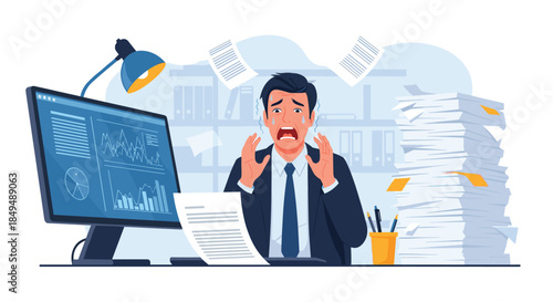 A stressed and panicked businessman screams at his desk, overwhelmed by a huge amount of paperwork and a looming deadline.