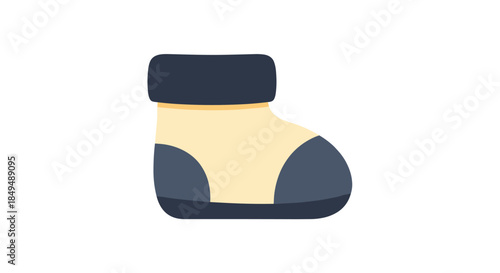 A cozy, cream and dark blue baby bootie or sock, isolated on a white background, representing comfort and warmth.