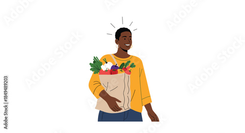 A happy and radiant African American woman smiles while carrying a paper grocery bag full of fresh, healthy produce.