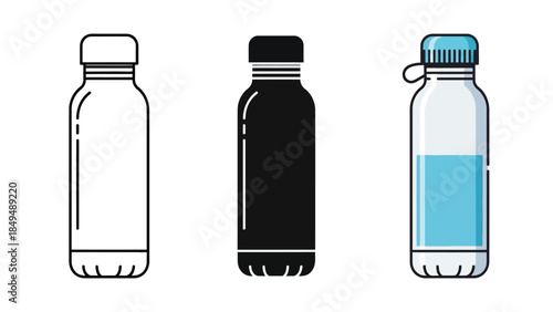Set of three water bottle icons in outline, solid black and color fill styles