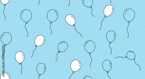 Cheerful hand-drawn balloons in a repeating pattern, featuring both white-filled and outlined shapes on a soft blue sky.