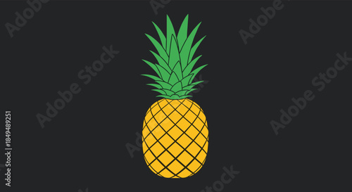 A vibrant illustration of a whole pineapple with green leaves and a yellow textured body, presented against a minimalist dark grey background.