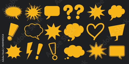Yellow comic style speech bubbles and symbols black, featuring dialogue clouds, narration elements,