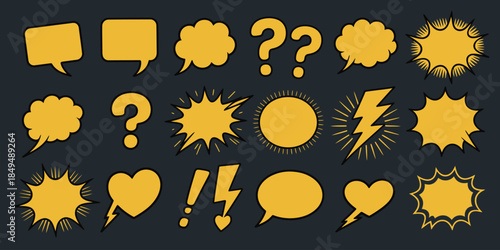 Yellow comic style speech bubbles and symbols black, showing dialogue, thought balloons, text emphasis, cartoon speech elements and playful vector illustrations for print and digital use.