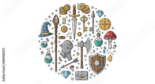 A circular composition of colorful cartoon fantasy RPG game icons, including a sword, shield, potions, and wizard hat.
