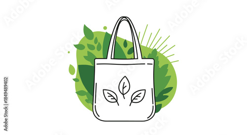 Sustainable white tote bag with leaf design, surrounded by various green leaves, representing eco-friendly shopping and environmental awareness.