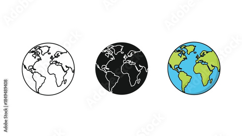 Set of three earth globe icons showing outline, silhouette and colored map representations of world