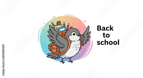 A cute cartoon bird with a backpack full of school supplies is ready to go back to school, on a colorful background.