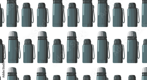 A seamless pattern featuring a variety of insulated thermoses and flasks in shades of blue-gray, designed for outdoor activities and travel.