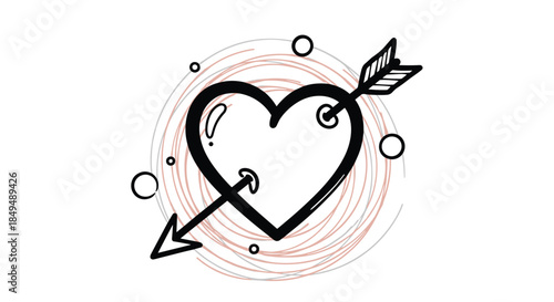 Black outlined heart pierced by a stylized arrow, surrounded by delicate sketchy circles and abstract swirl patterns, conveying themes of love and emotion.