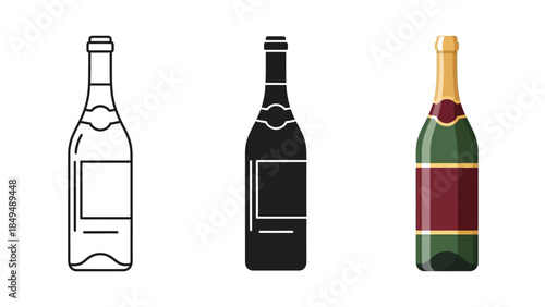Set of three champagne or sparkling wine bottles icons outline, silhouette and colored illustration