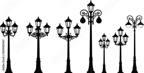 Collection of elegant black street lamp silhouettes showcasing diverse vintage designs and ornate details against a clean white background, ideal for urban design.