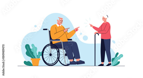 A happy elderly couple, with the man in a wheelchair and the woman with a cane, enjoy a cheerful conversation together.