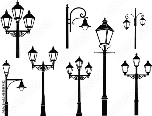 Diverse collection of black street lamp silhouettes, featuring various vintage and modern designs for urban outdoor lighting infrastructure elements.