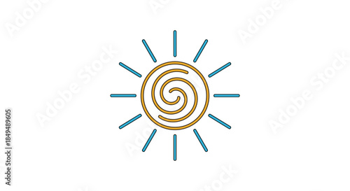 A minimal and clean sun illustration featuring a central golden spiral and light blue rays, symbolizing warmth and energy.