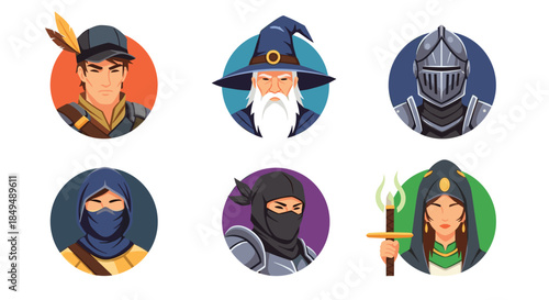 A set of six fantasy RPG character avatars, including a wizard, knight, archer, ninja, rogue, and a sorceress icon.