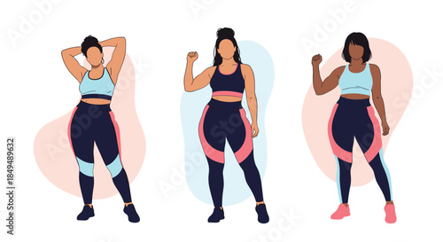 Three diverse and confident plus-size women in stylish sportswear, promoting fitness, health, and body positivity for all.