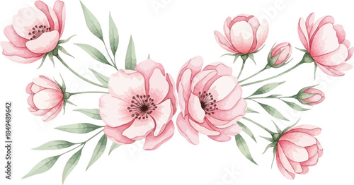 Watercolor illustration of delicate pink flowers and green leaves arranged in a beautiful decorative border on a white background.