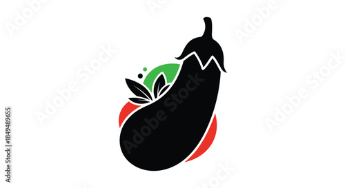 A minimalist graphic illustration of a black eggplant with a green and red background, accented by subtle leaves and dots, representing fresh ingredients.