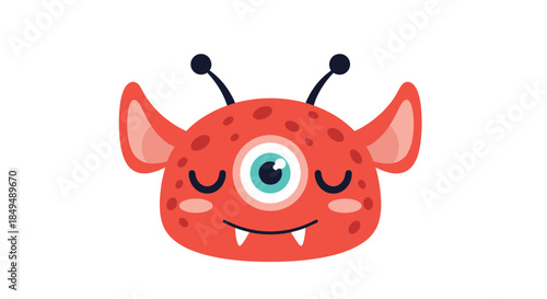 A cute and friendly red monster cartoon illustration featuring a single eye, tiny fangs, and antennae, set against a white background.