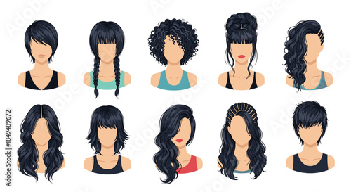 A collection of ten female portraits showcasing a wide variety of trendy hairstyles for dark hair, from short to long.