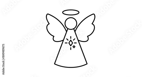 A minimalist black and white line art illustration of a serene angel with a halo, classic wings, and a sparkling gem detail on its chest.