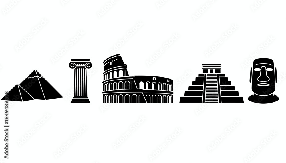 Fototapeta premium Ancient Monuments Illustrated Across Different Cultures and Civilizations