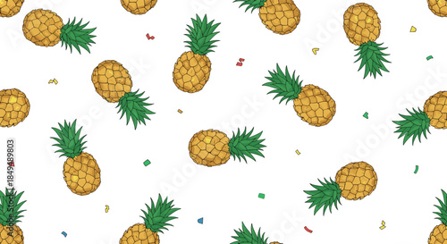 A fun and vibrant seamless pattern of cartoon pineapples and colorful confetti scattered on a clean white background.