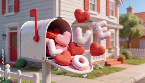 Minimalist Scene of an Overflowing Mailbox with Vibrant Red Heart-Shaped Letters and Soft Puffy Decorations
