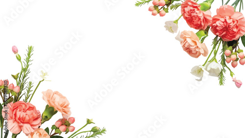 Elegant floral corner frame featuring pink carnations, peach blossoms, and green foliage on a clean white background.