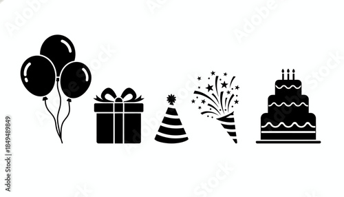 Celebratory elements including balloons, gift, hat, fireworks, and cake in a festive arrangement