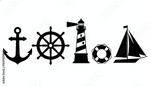 A collection of nautical symbols including anchor, ship wheel, lighthouse, lifebuoy, and sailboat